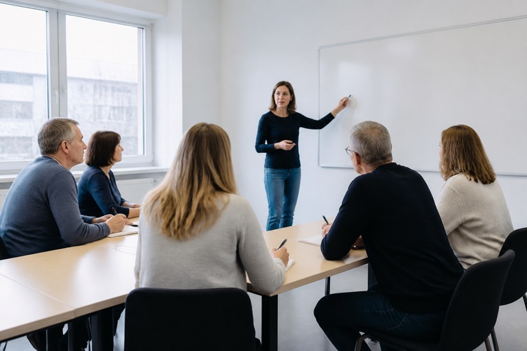 Kursteilnehmerinnen und Kursteilnehmer sitzen an Tischen, eine Kursleiterin erklärt am Whiteboard