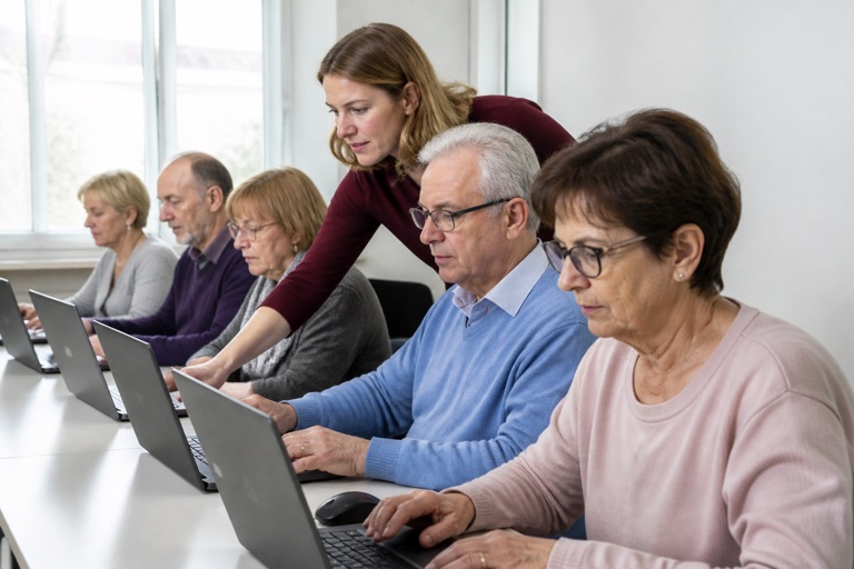 Erwachsene arbeiten in einem Computerkurs an Laptops