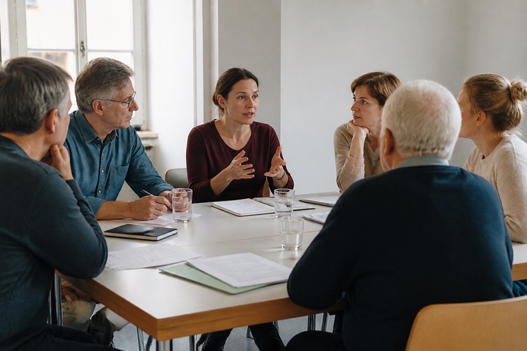 Diskussionsrunde an einem Tisch in einem Seminarraum