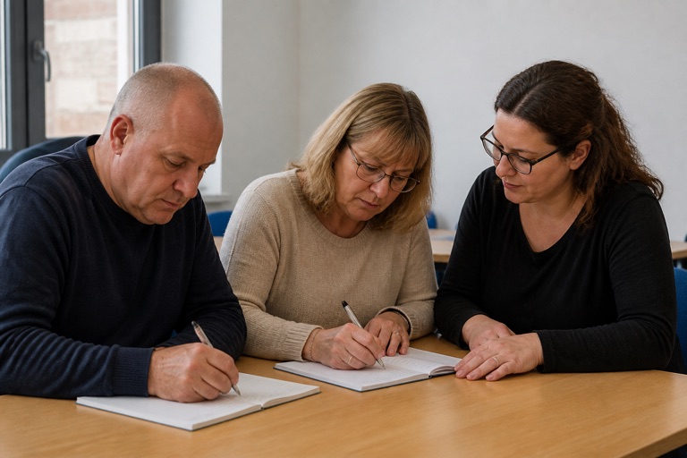 Erwachsener übt in einem Grundbildungskurs das Schreiben