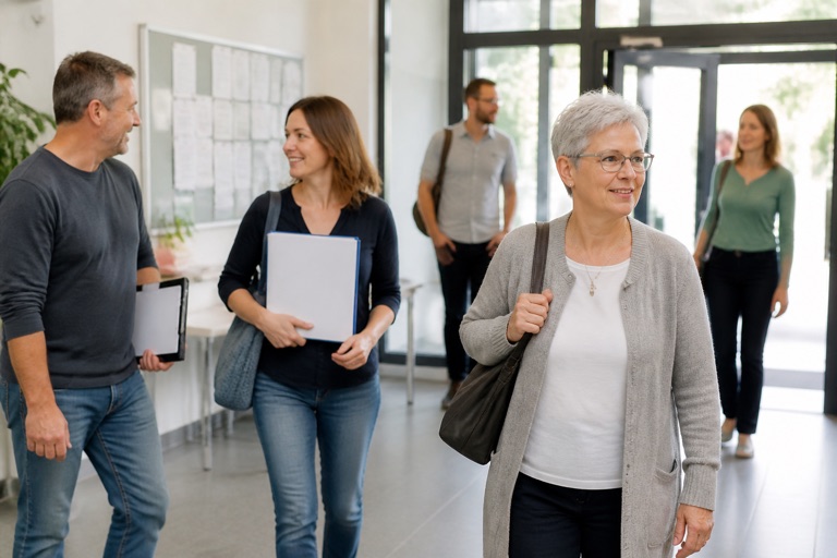 Teilnehmende betreten das Foyer einer Volkshochschule