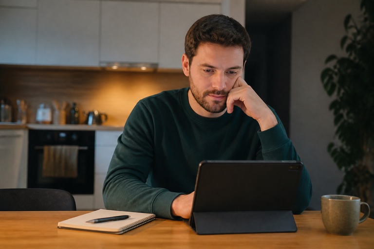 Mann bearbeitet abends am Tablet einen Onlinekurs