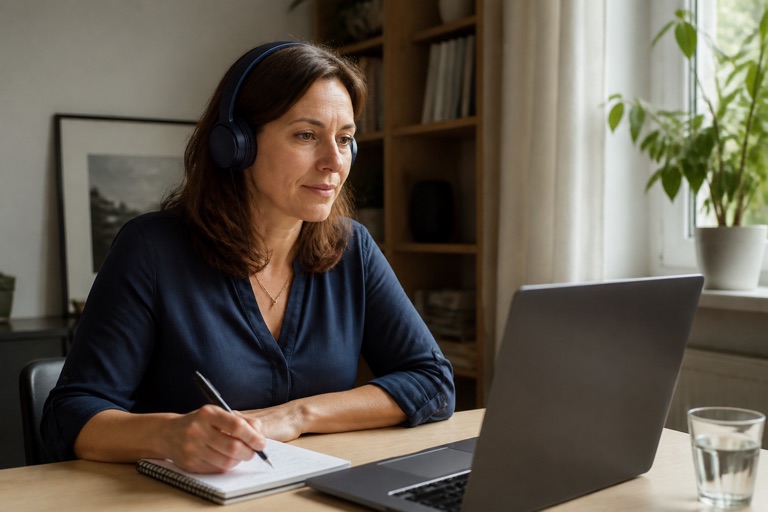 Frau nimmt zu Hause am Laptop an einem Online-Kurs teil