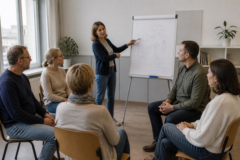 Teilnehmerinnen und Teilnehmer eines Sprachkurses im Gespräch