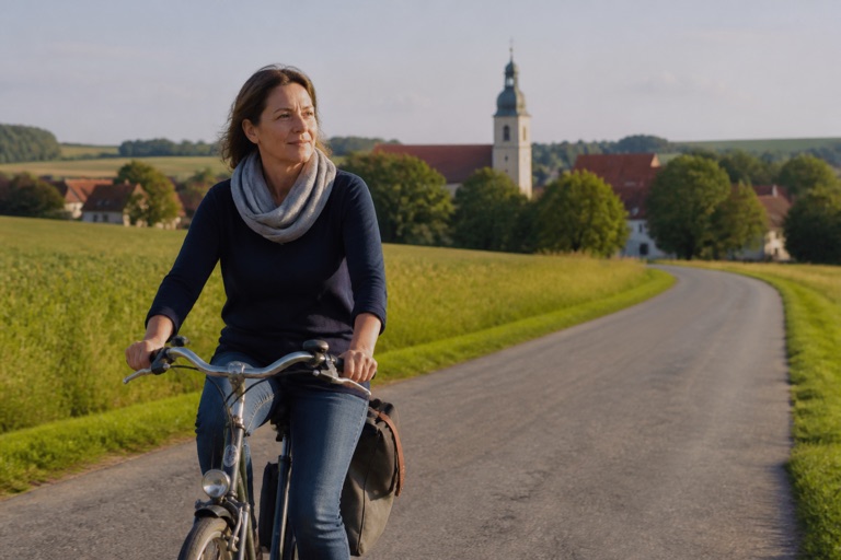 Frau auf dem Fahrrad unterwegs zu einem Abendkurs im Nachbarort
