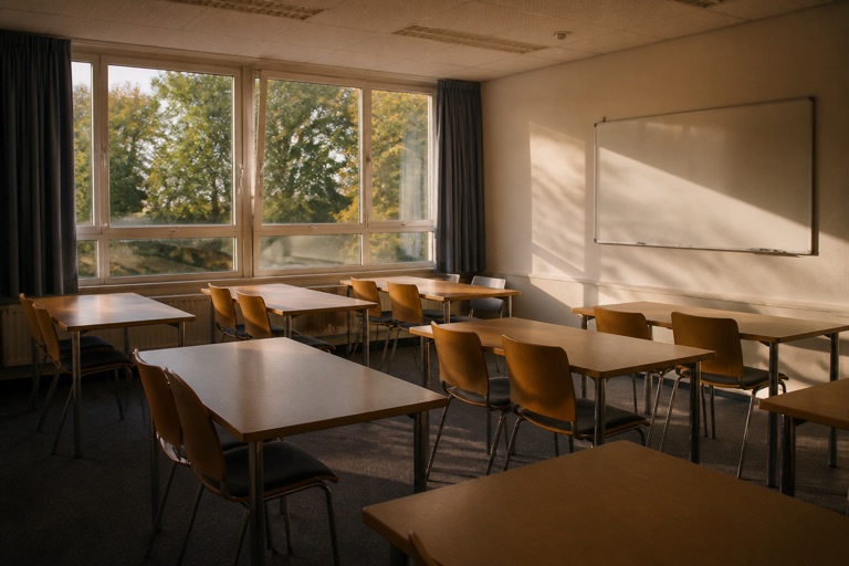 Kursraum mit Tischen und Whiteboard vor Kursbeginn