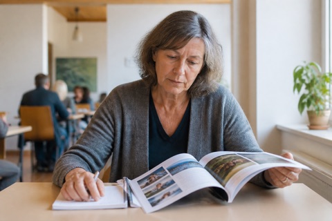 Frau vergleicht am Tisch das Kursprogramm einer Volkshochschule und macht sich Notizen